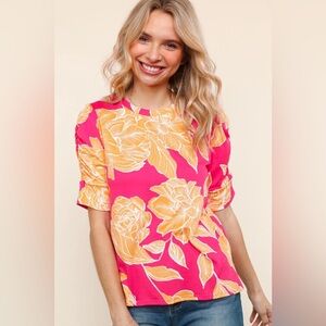 NWT Haptics Bright Pink Floral Short-Sleeve Blouse